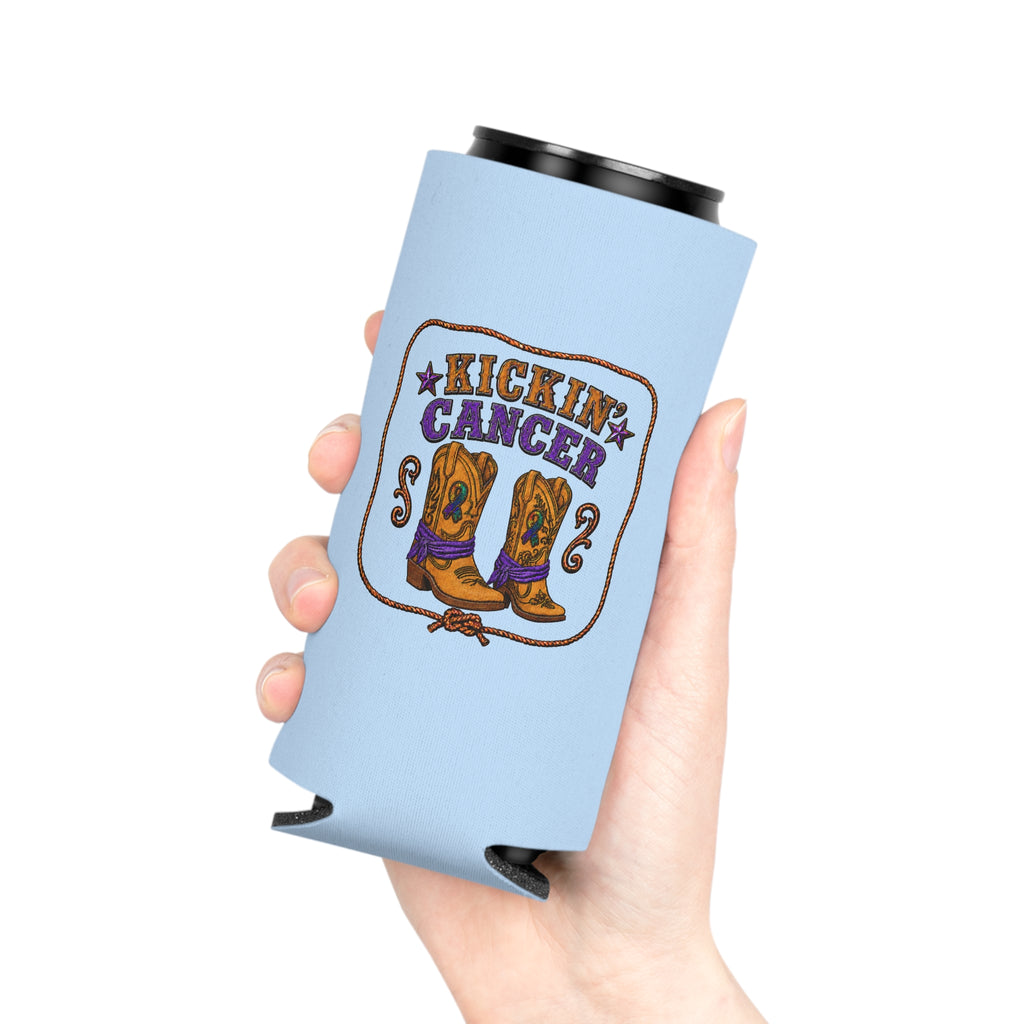 Hand holding an angled light blue Kickin' Cancer slim can cooler with boot artwork