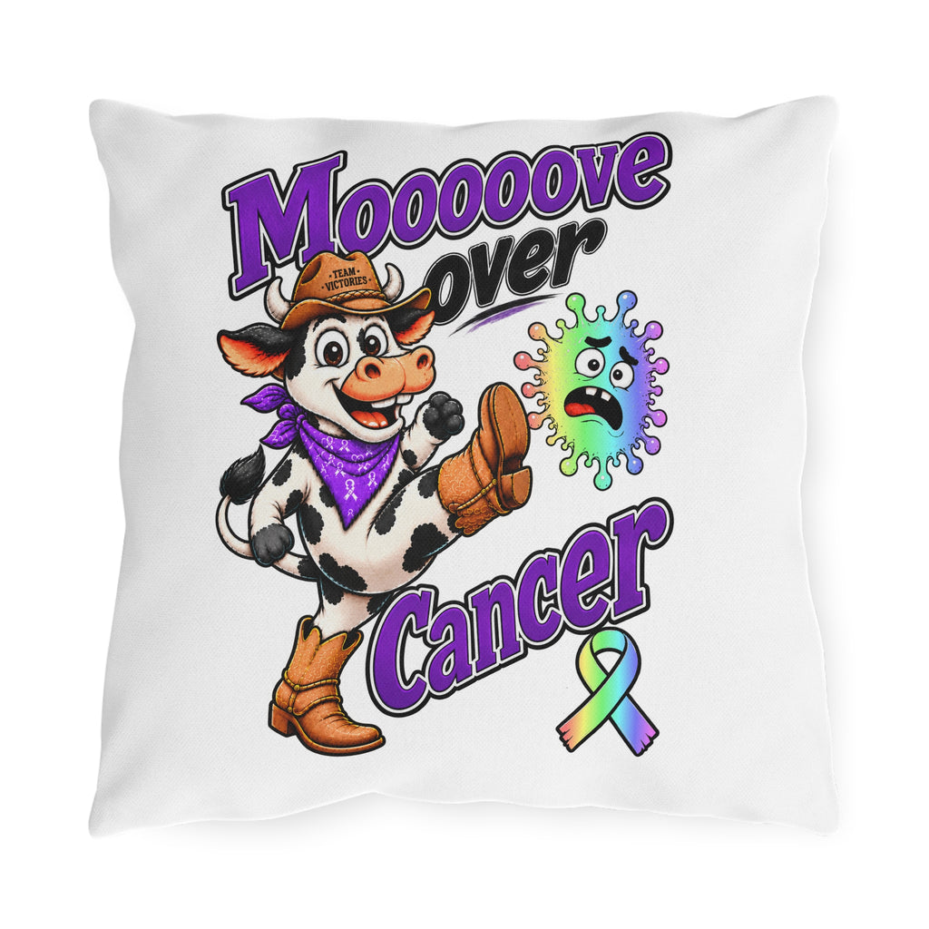 Moooove Over Cancer outdoor pillow with a cow, colorful awareness ribbon, and bold Team Victories design