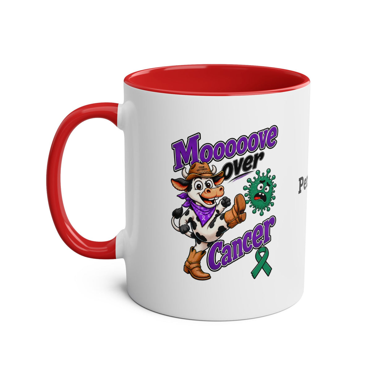 Moooove Over Cancer cowboy cow mug with red interior and handle