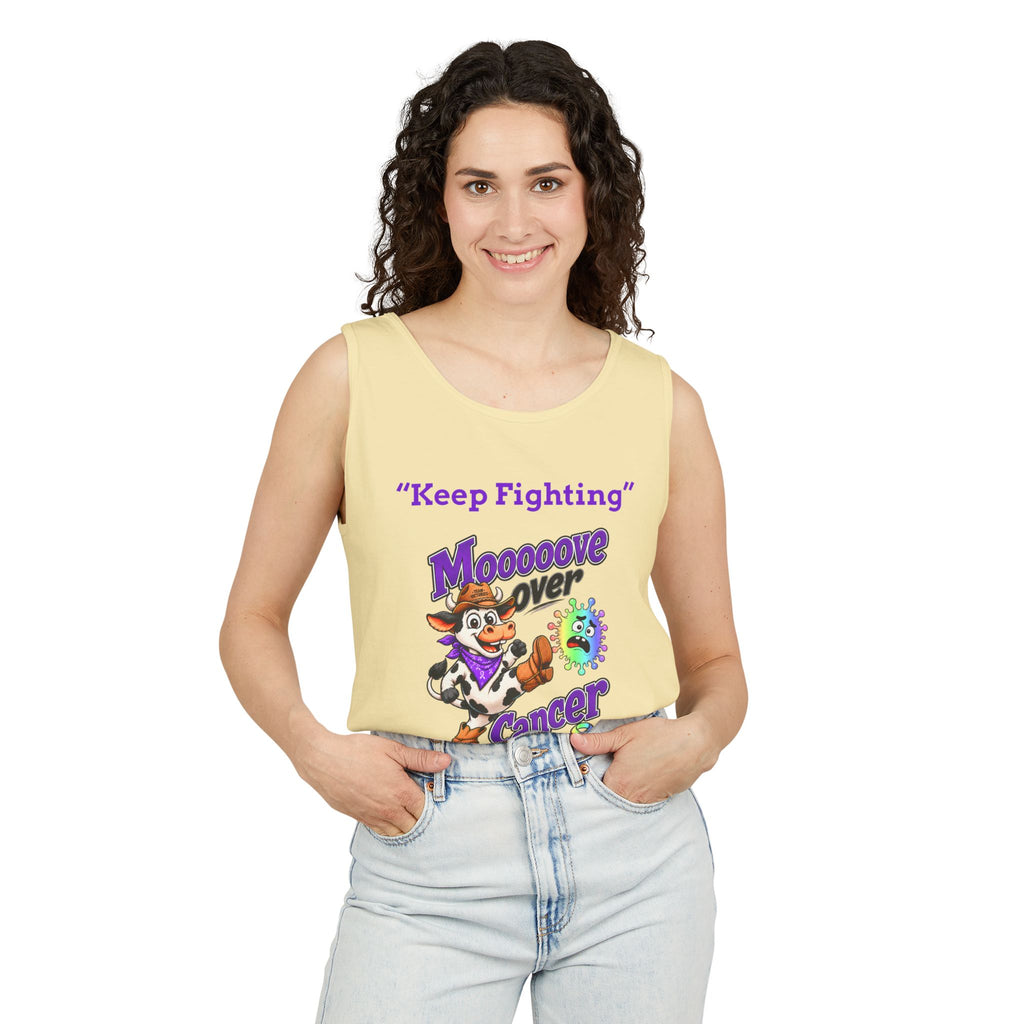 Man wearing an olive Moooove Over Cancer tank top with Keep Fighting artwork