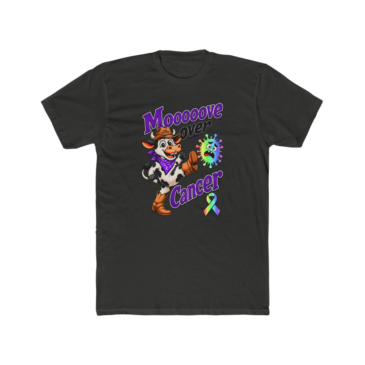 Moooove Over Cancer cow graphic t-shirt in charcoal with a colorful awareness ribbon