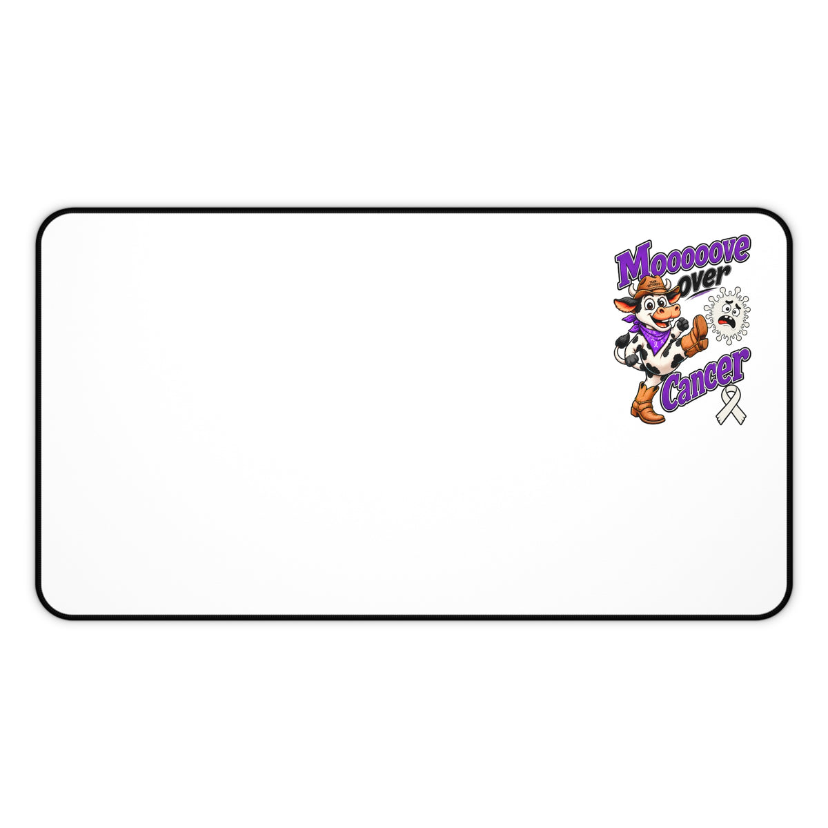 Moooove Over Cancer Lung Cancer awareness ribbon desk mat in a wide rectangular size