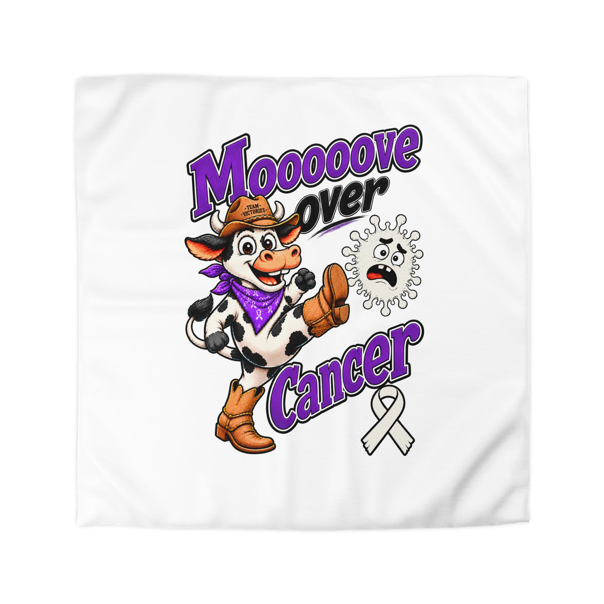 Flat Moooove Over Cancer duvet cover showing cow artwork and Lung Cancer awareness ribbon