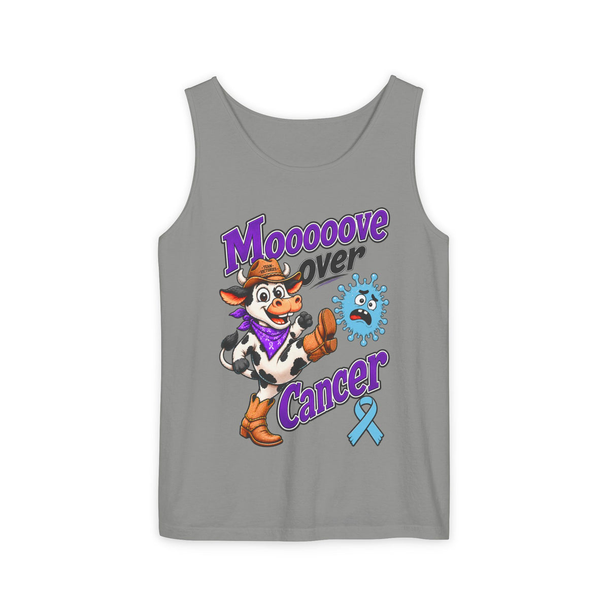 Moooove Over Cancer tank top in gray-blue with colorful cow cancer support artwork