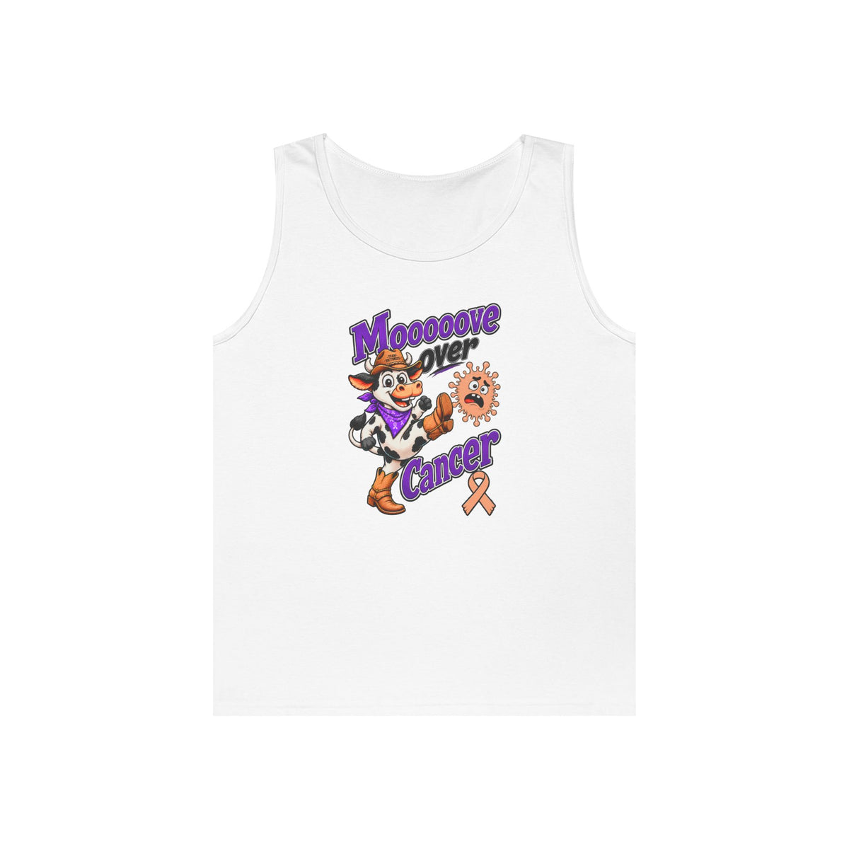 White Moooove Over Cancer tank top with cow artwork and Uterine Cancer awareness ribbon