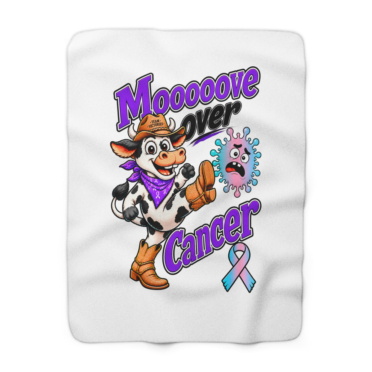 Moooove Over Cancer sherpa blanket with cow artwork and Thyroid Cancer awareness ribbon