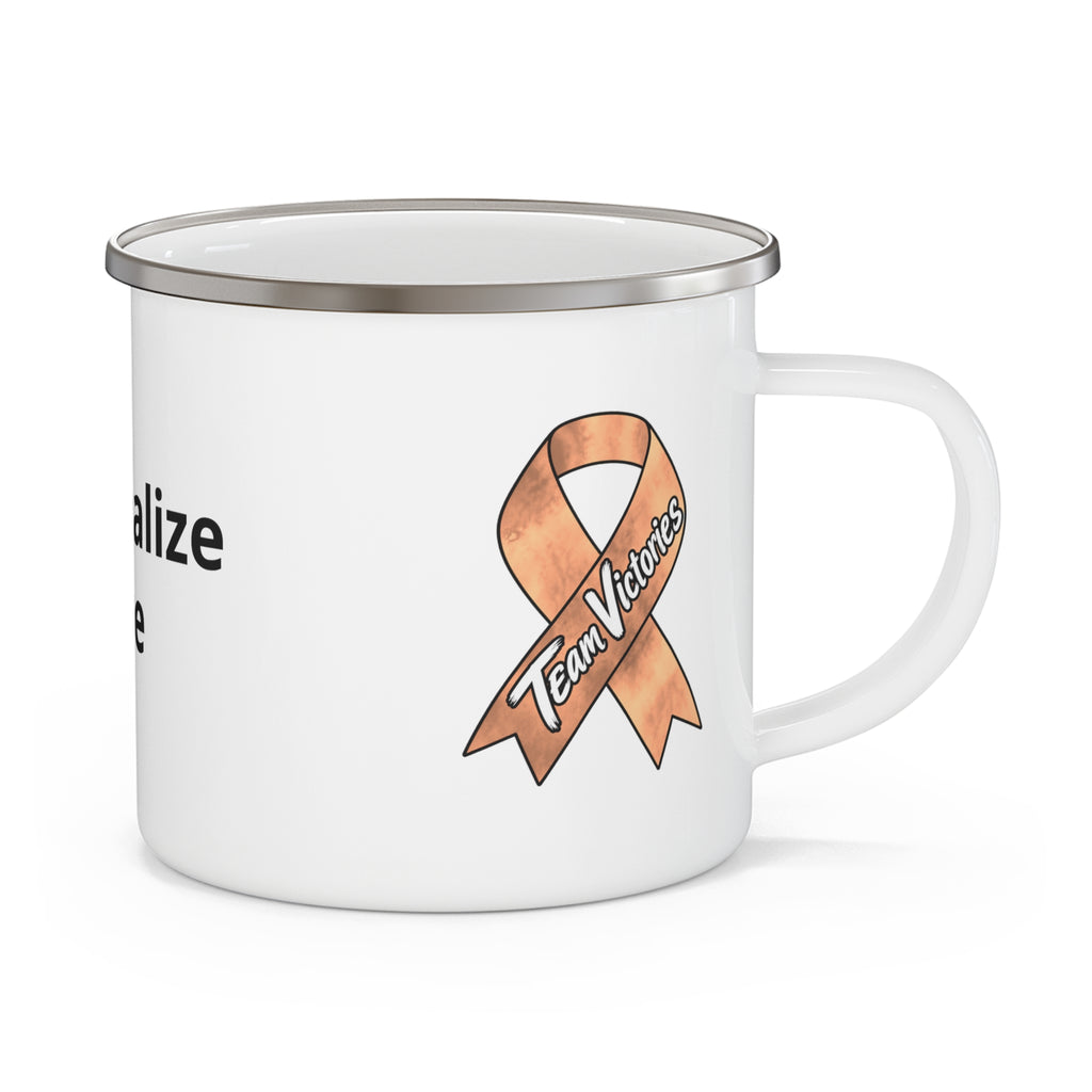 Team Victories Uterine Cancer awareness ribbon on a Moooove Over Cancer enamel camping mug