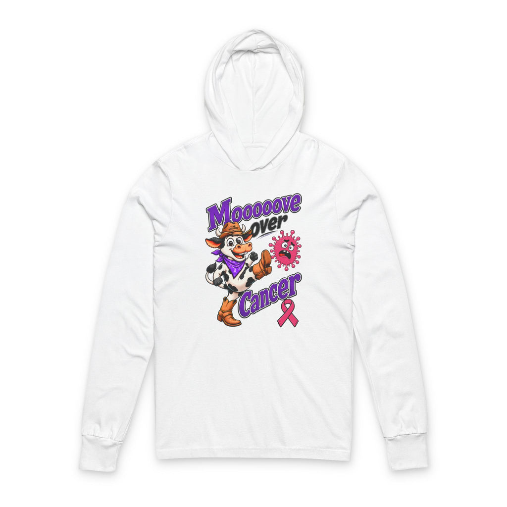 Moooove Over Cancer hooded long-sleeve tee with pink Breast Cancer awareness ribbon, front view