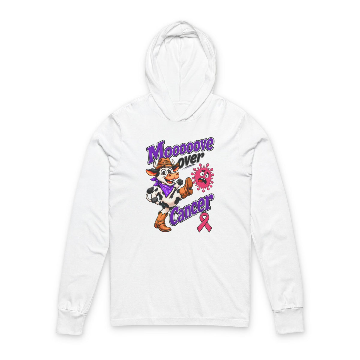 Moooove Over Cancer hooded long-sleeve tee with pink Breast Cancer awareness ribbon, front view