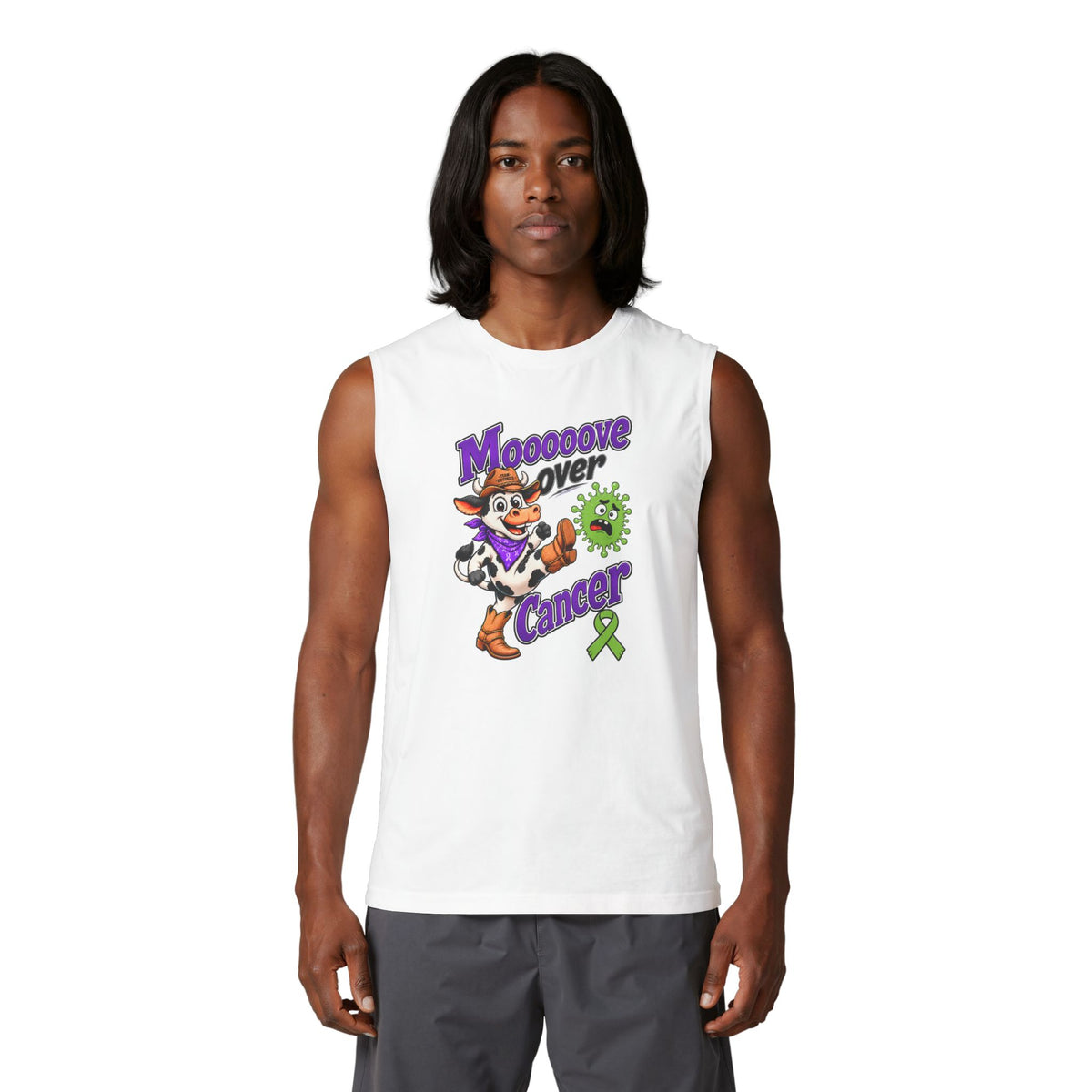 Front view of a model wearing the white Moooove Over Cancer tank with Non-Hodgkin/Lymphoma Cancer awareness ribbon