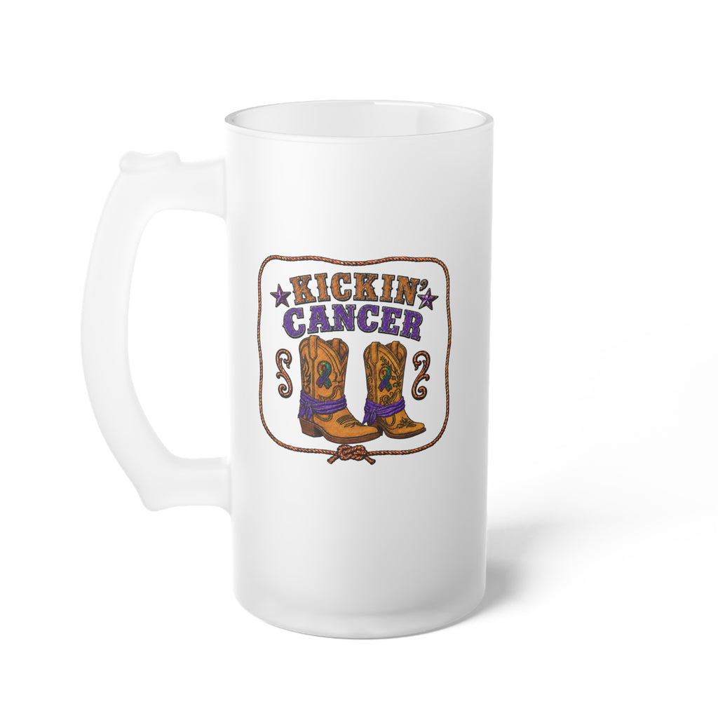 Frosted glass Kickin' Cancer mug with western boot artwork and a tall handle