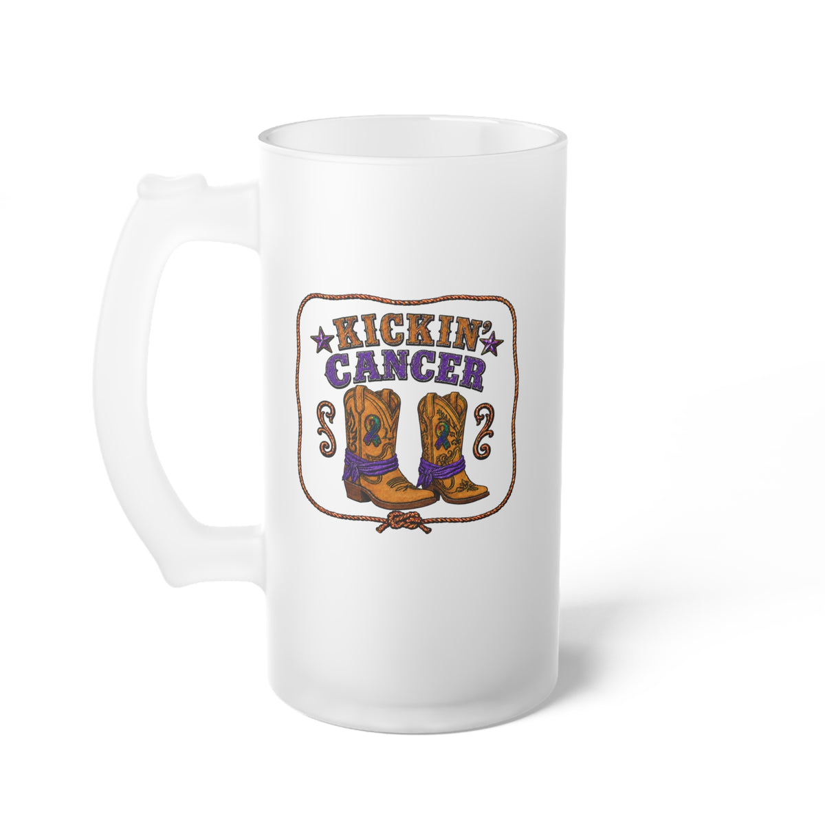 Frosted glass Kickin' Cancer mug with western boot artwork and a tall handle