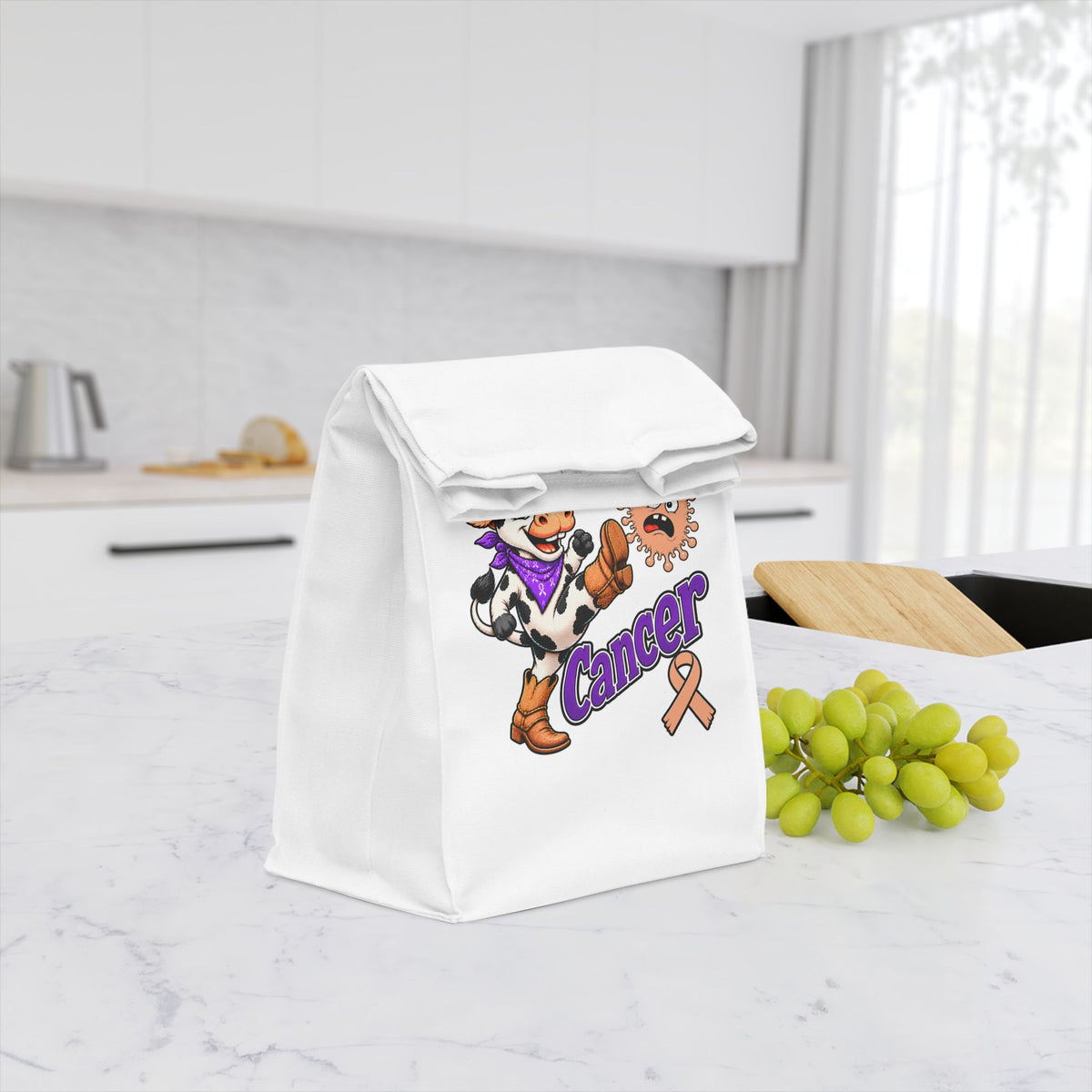 Moooove Over Cancer lunch bag with fold-over magnetic flap in a kitchen