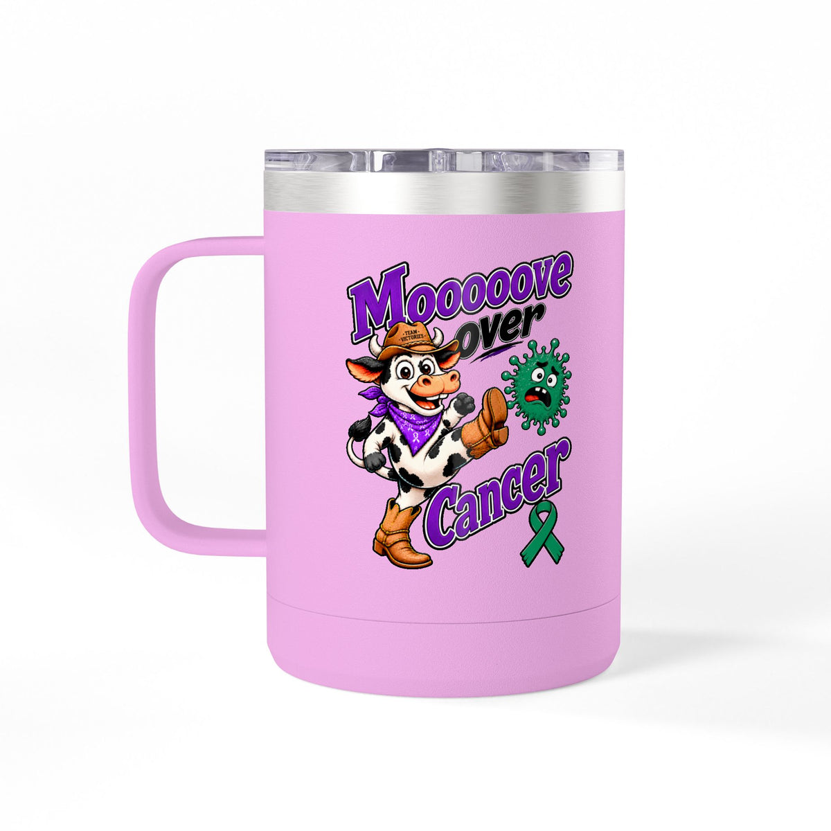 Pink Moooove Over Cancer insulated mug with green Liver Cancer awareness ribbon