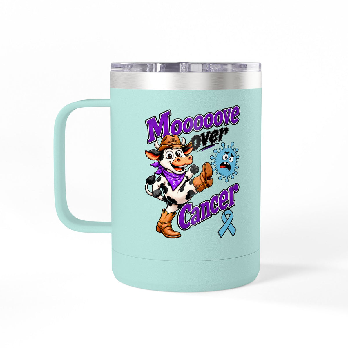 Mint Moooove Over Cancer mug with light blue Prostate Cancer awareness ribbon