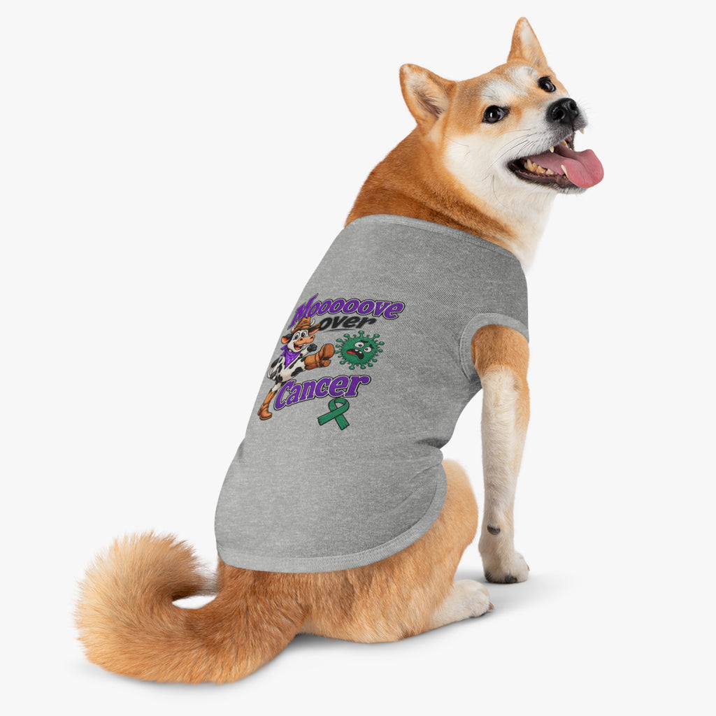 Moooove Over Cancer pink dog tank top shown from the rear on a standing dog
