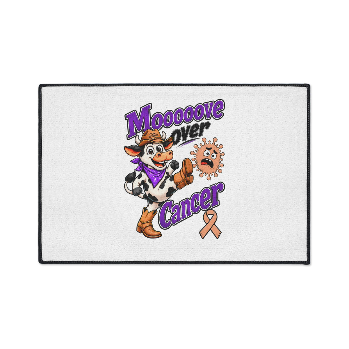 Moooove Over Cancer rug featuring a playful cow and Uterine Cancer awareness ribbon