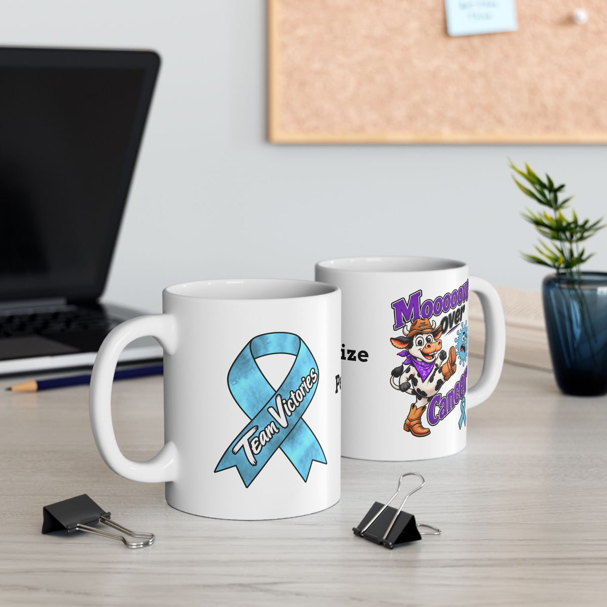 Two Moooove Over Cancer mugs displaying the Team Victories design and personalized option