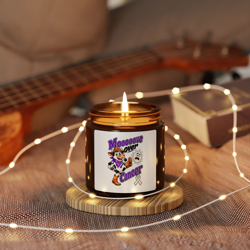 Lit Moooove Over Cancer Lung Cancer awareness ribbon candle in a cozy setting