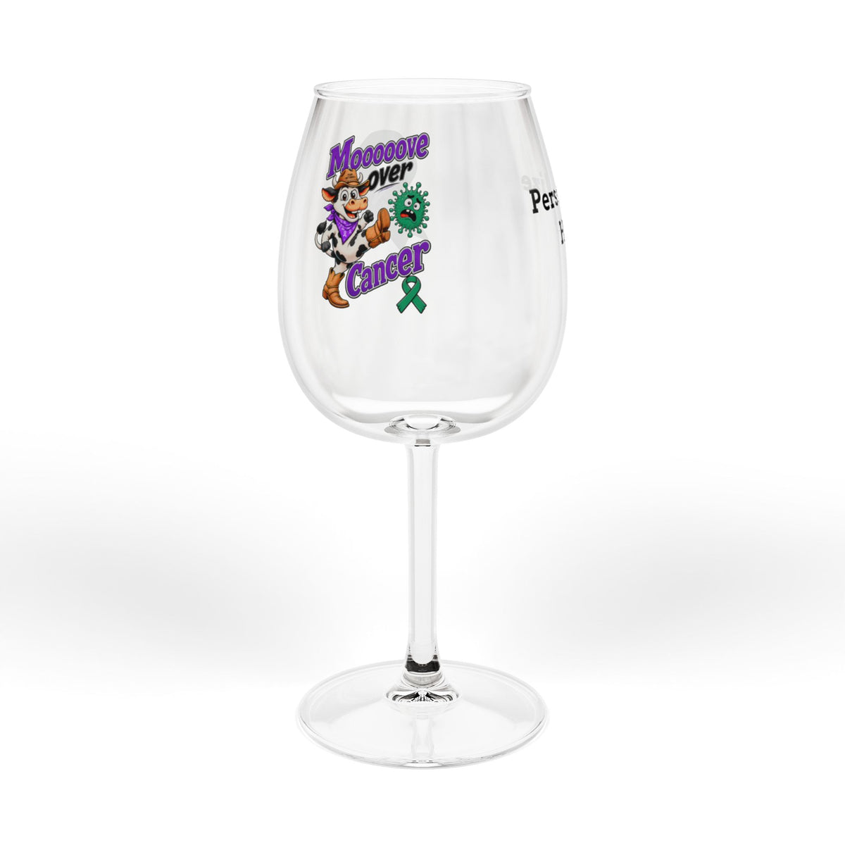 Moooove Over Cancer personalized wine glass with colorful cow artwork and green Team Victories ribbon