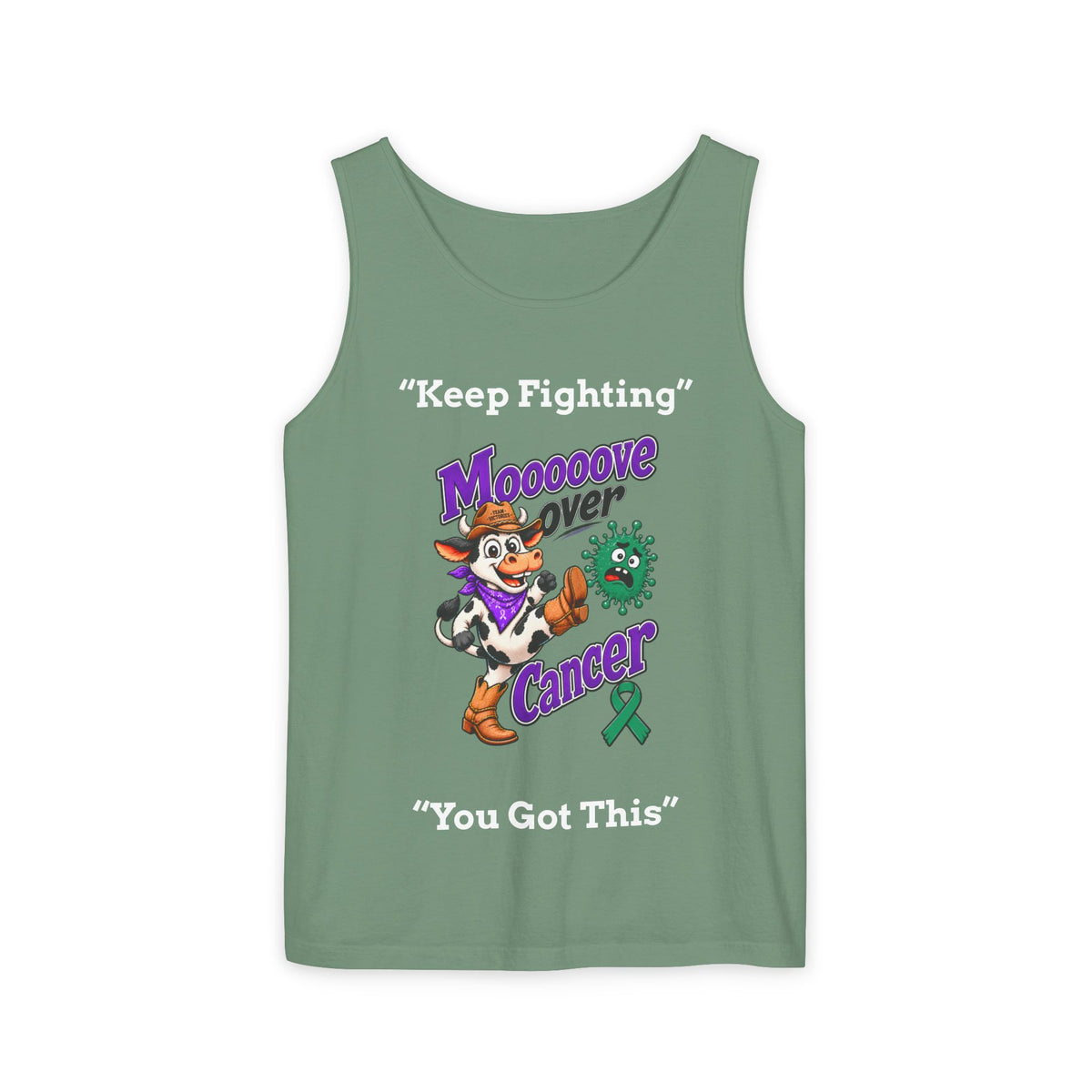 Sage Moooove Over Cancer tank top with Keep Fighting cowgirl design