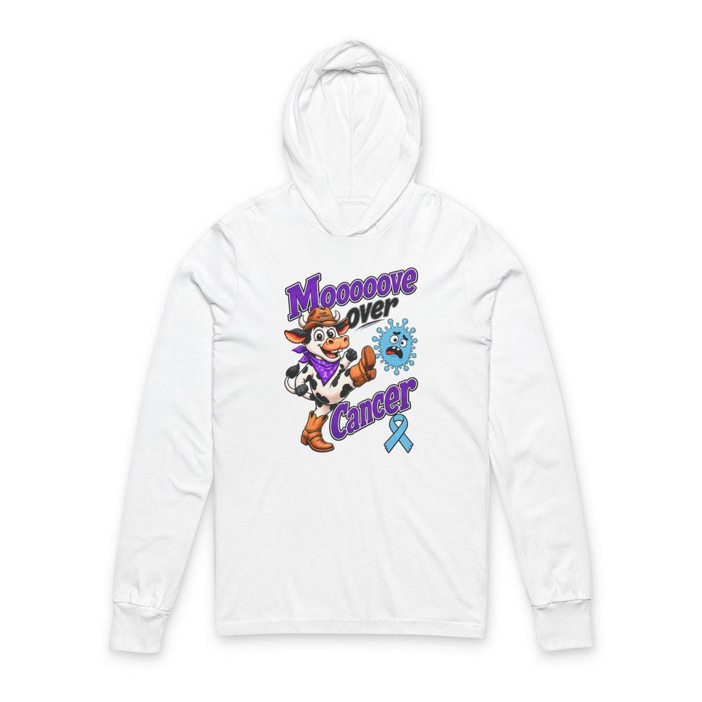 Moooove Over Cancer hooded tee front with cow artwork and Prostate Cancer awareness ribbon