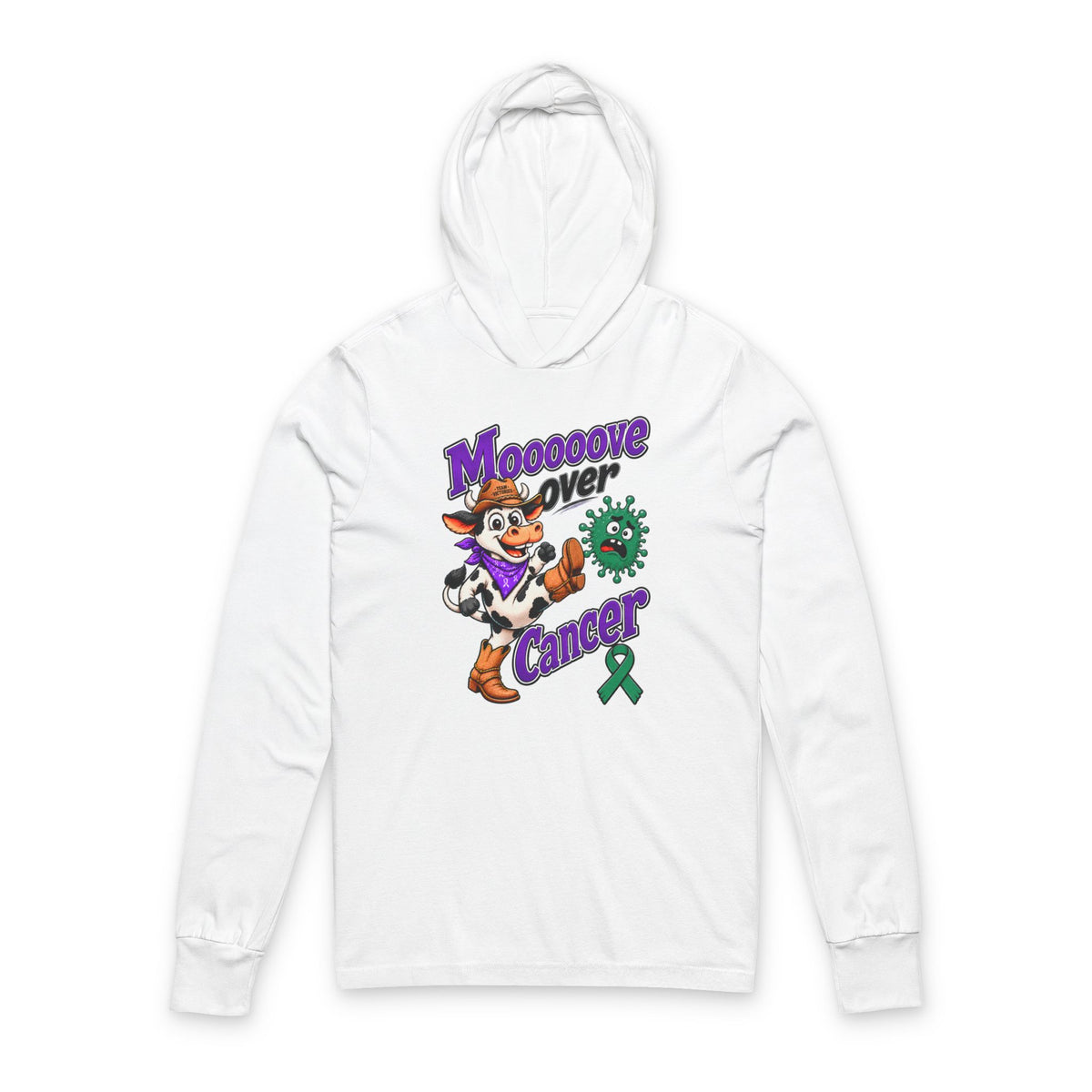 Moooove Over Cancer hooded long-sleeve tee with green Liver Cancer awareness ribbon artwork, front view
