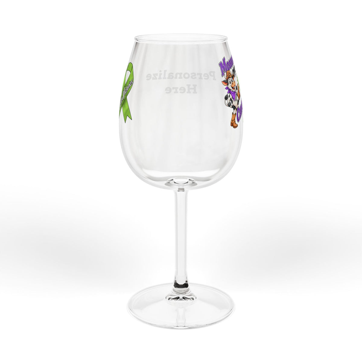 Side view of Moooove Over Cancer personalized wine glass with colorful cancer support artwork