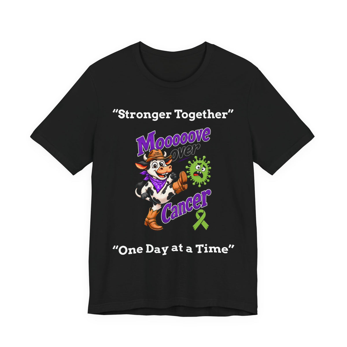 Black Moooove Over Cancer tee with colorful cow graphic and green awareness ribbon