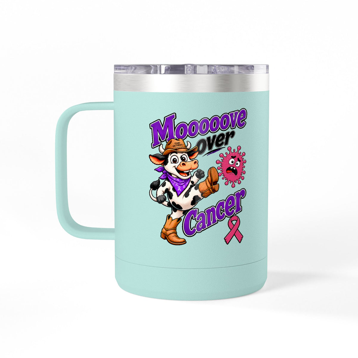 Mooove Over Cancer cow design on a mint insulated mug with a pink Breast Cancer awareness ribbon