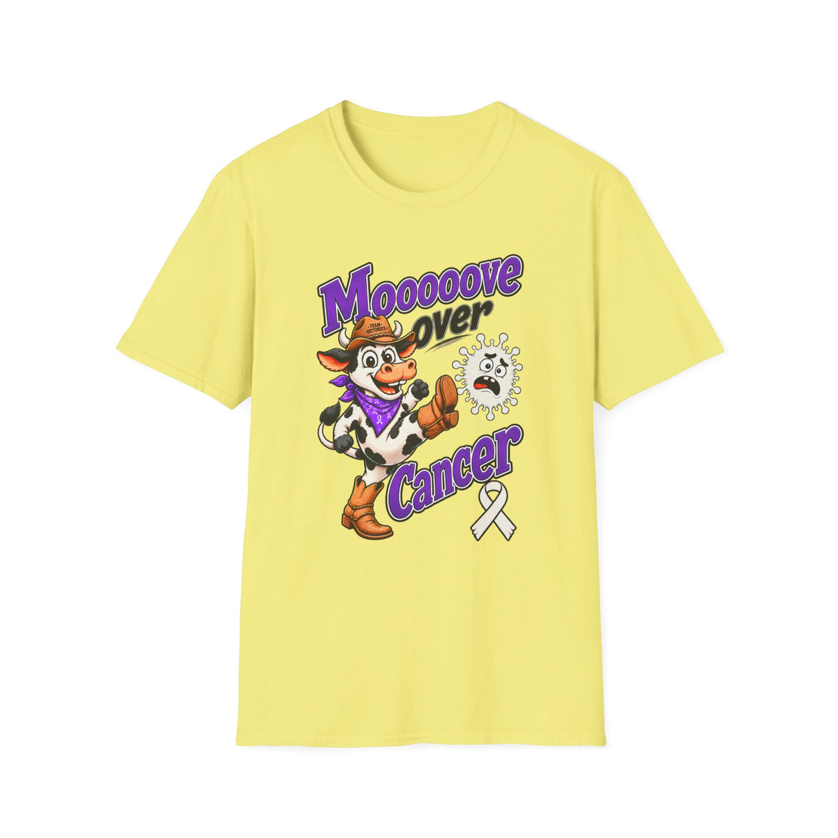 Yellow Moooove Over Cancer T-shirt featuring a Western cow and Lung Cancer awareness ribbon