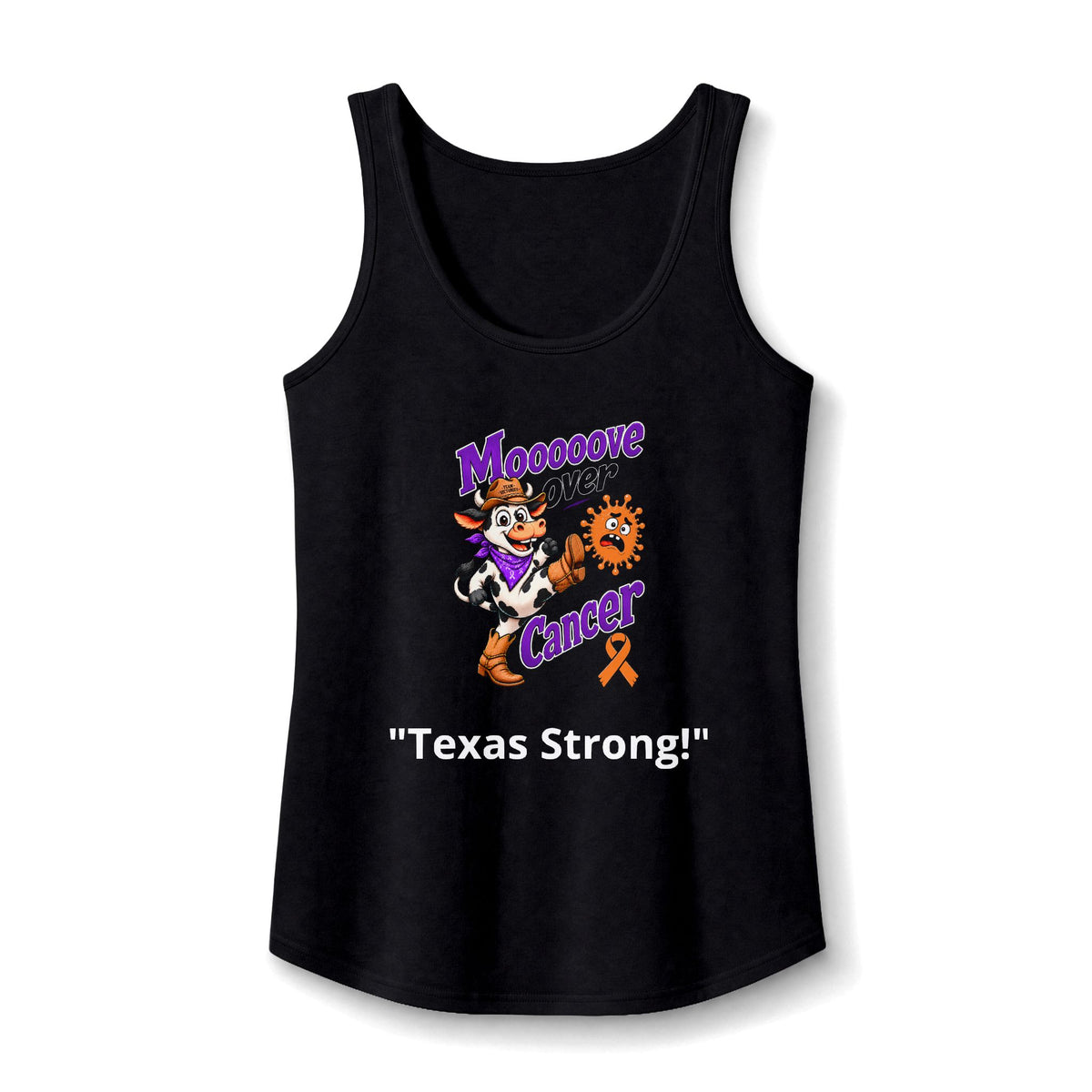 Moooove Over Cancer Texas Strong tank top with Leukemia/Kidney Cancer awareness ribbon, black front