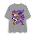 Moooove Over Cancer cow and purple ribbon graphic on a gray heavyweight T-shirt