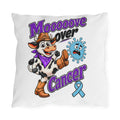 Moooove Over Cancer outdoor pillow with cow design and blue awareness ribbon