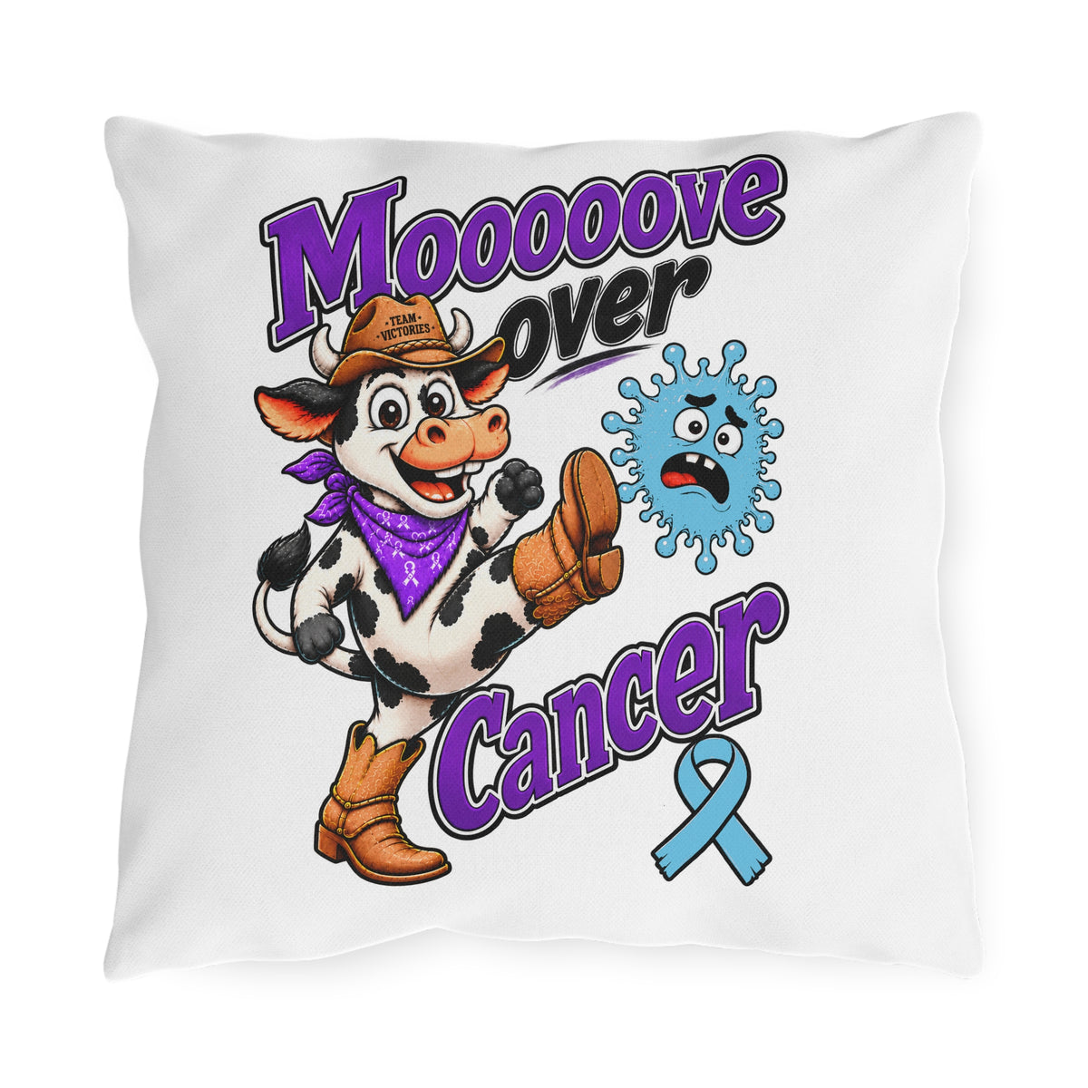 Moooove Over Cancer outdoor pillow with cow design and blue awareness ribbon