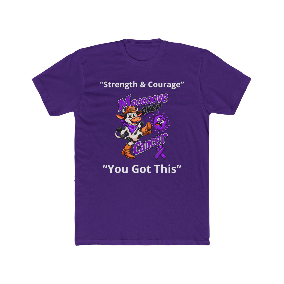 Purple Moooove Over Cancer T-shirt with Strength & Courage and Pancreatic Cancer awareness ribbon artwork