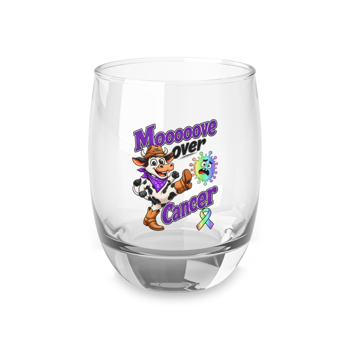 Moooove Over Cancer artwork on a clear 6 oz whiskey glass, front view