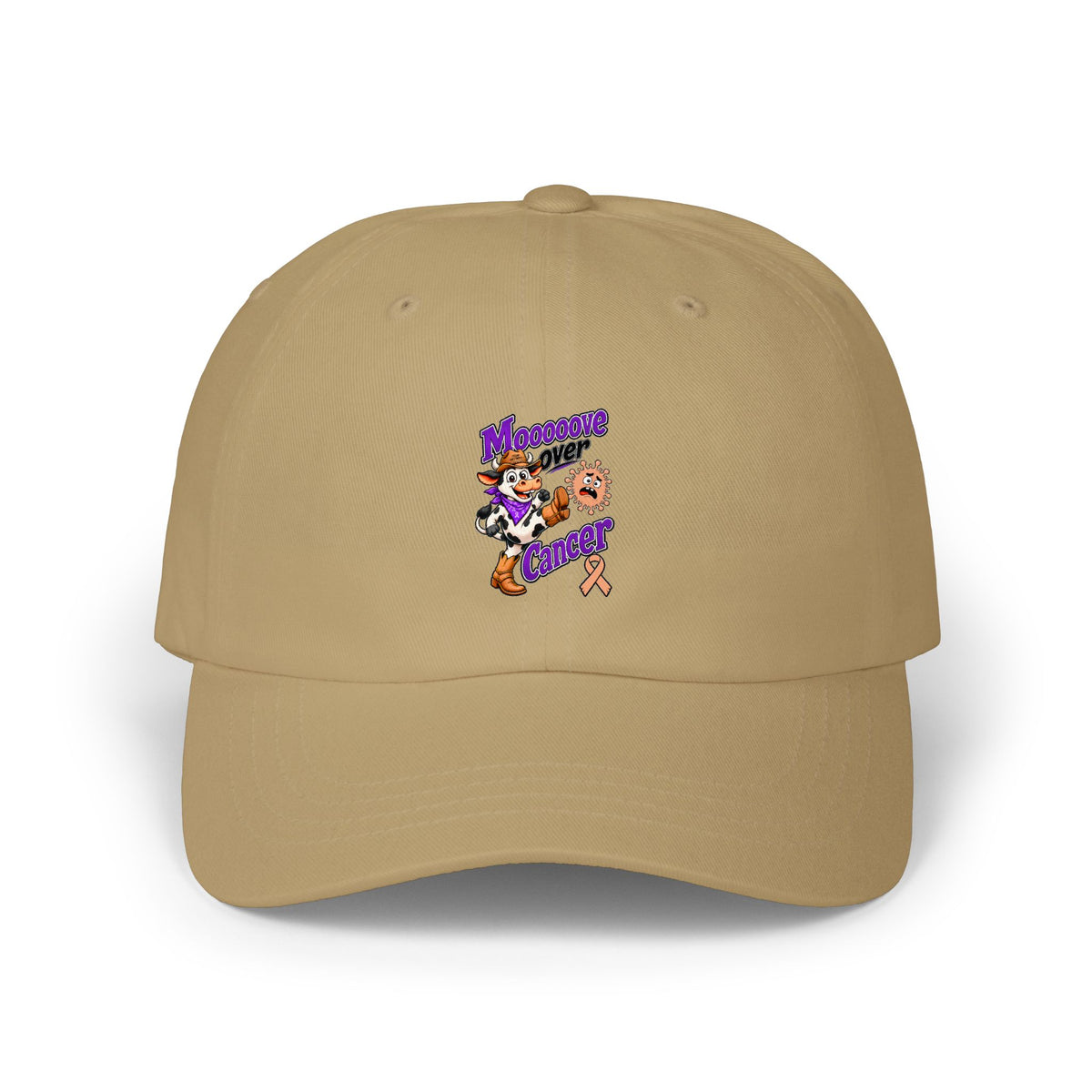 Moooove Over Cancer dad cap worn with Uterine Cancer awareness ribbon artwork