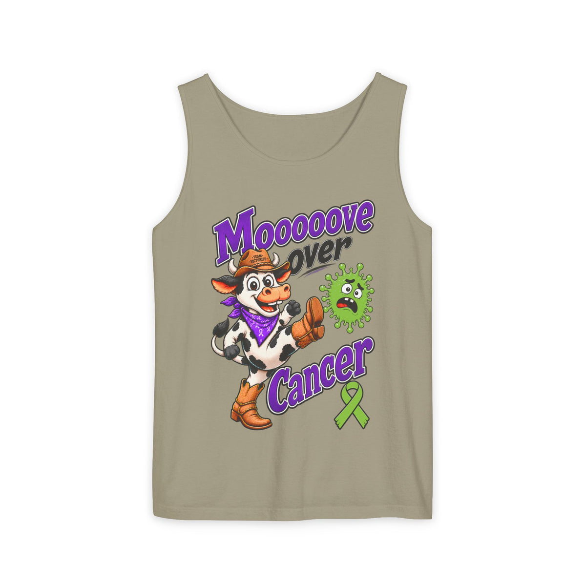 Moooove Over Cancer tank top with cow artwork on olive fabric