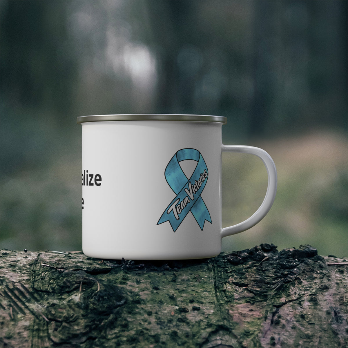 Moooove Over Cancer Team Victories enamel camping mug outdoors with Prostate Cancer awareness ribbon