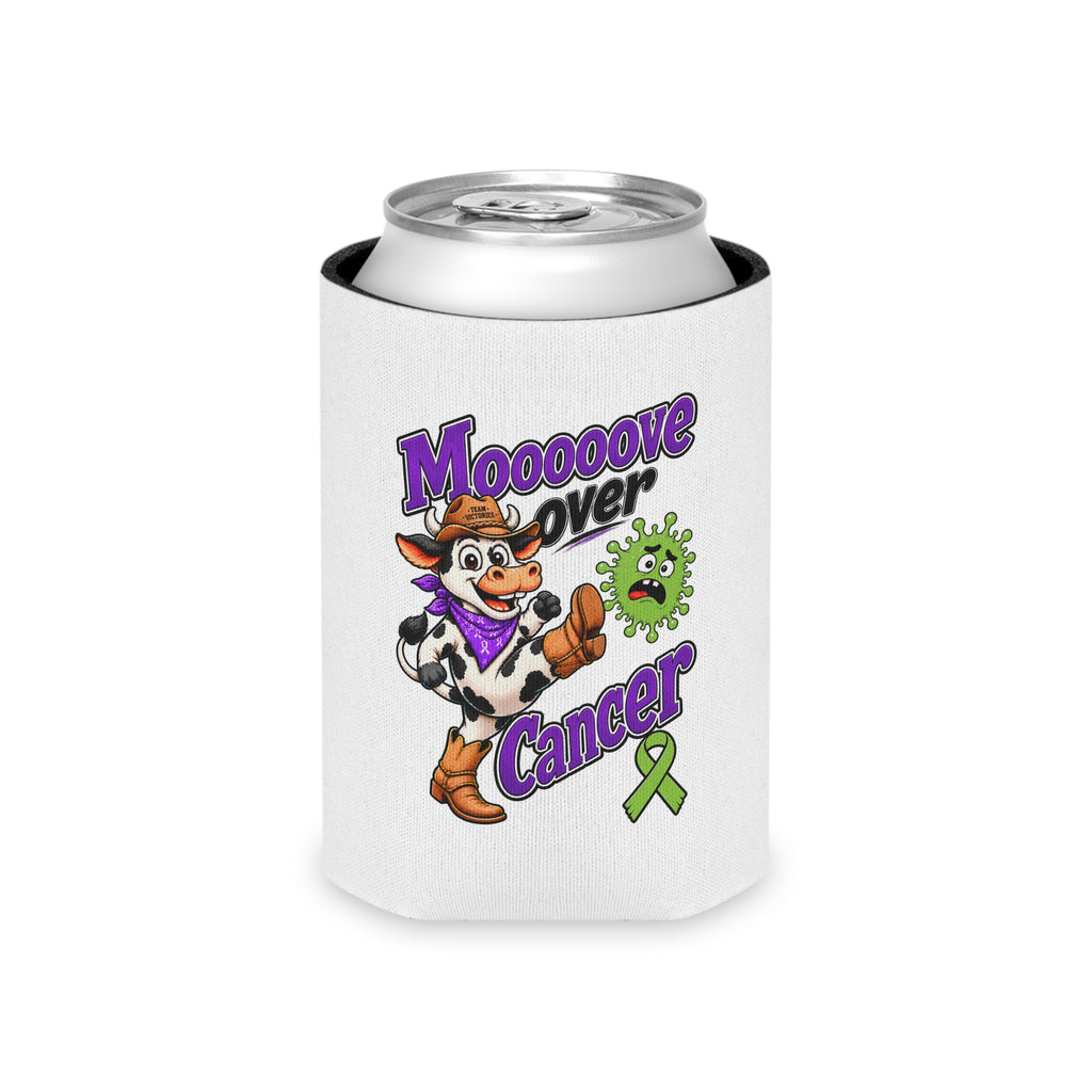Moooove Over Cancer can cooler wrapped around a beverage can