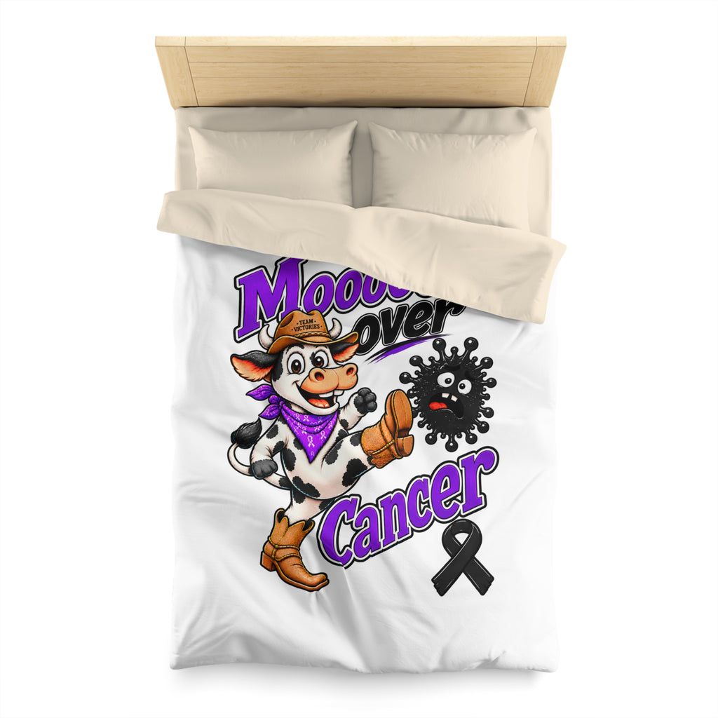Bedroom display of Moooove Over Cancer duvet cover with Western cowgirl cow design