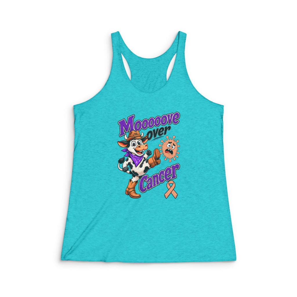 Moooove Over Cancer racerback tank top with peach Uterine Cancer awareness ribbon on a turquoise tank