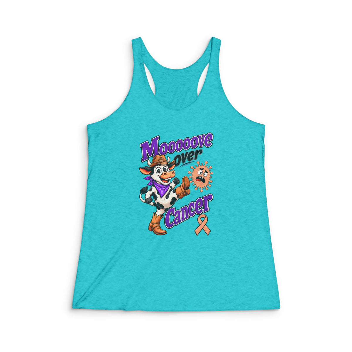 Moooove Over Cancer racerback tank top with peach Uterine Cancer awareness ribbon on a turquoise tank