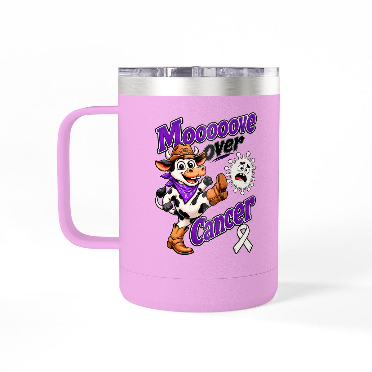 Pink Moooove Over Cancer insulated mug with Lung Cancer awareness ribbon and cow design