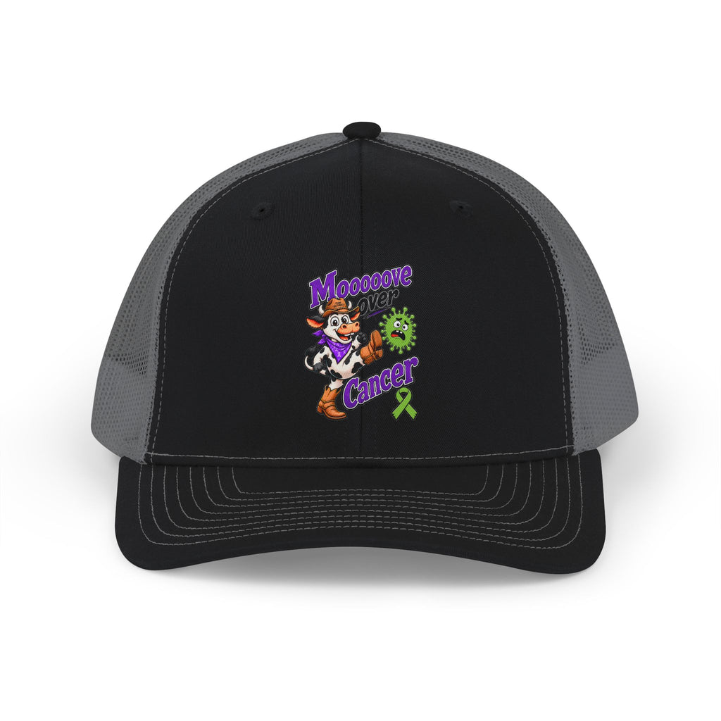 Black Moooove Over Cancer trucker cap with colorful character and green awareness ribbon