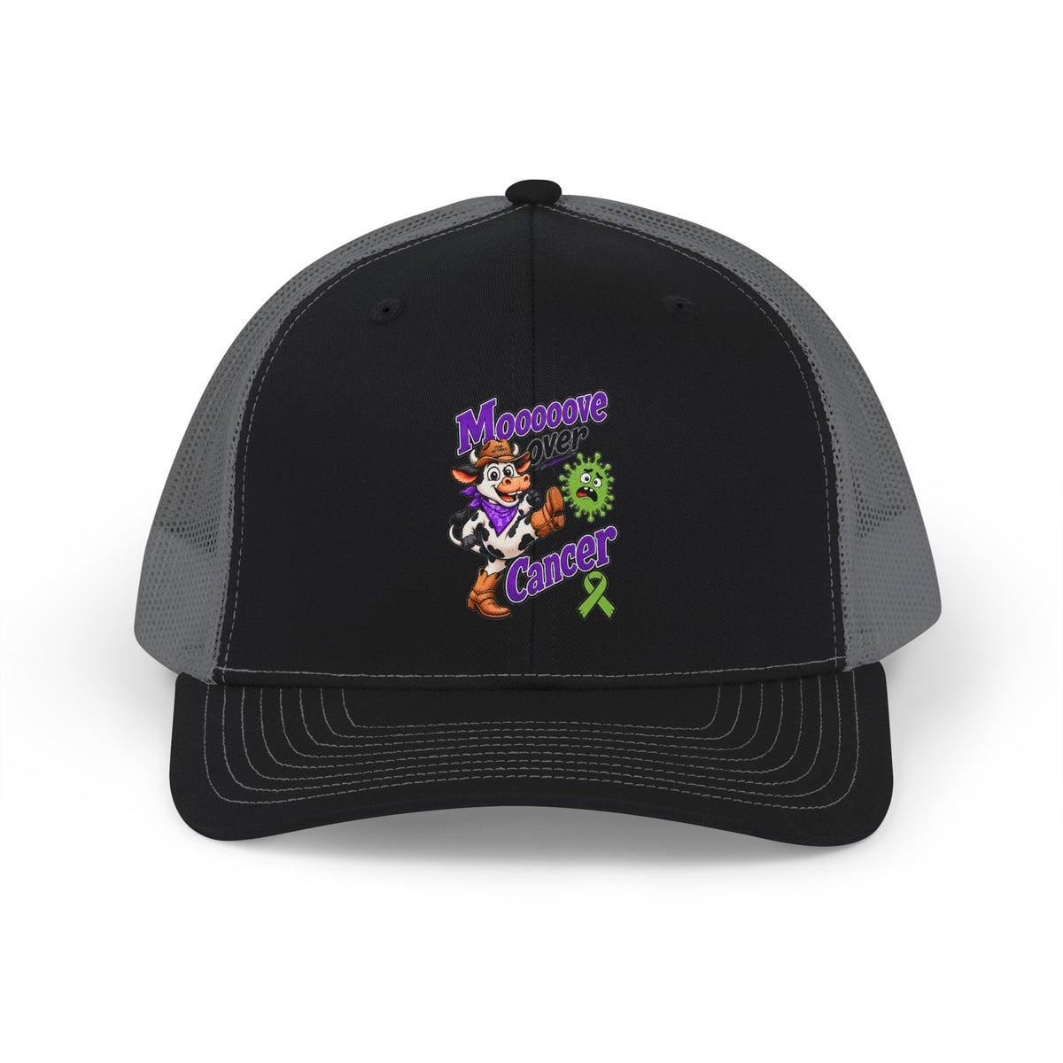 Black Moooove Over Cancer trucker cap with colorful character and green awareness ribbon
