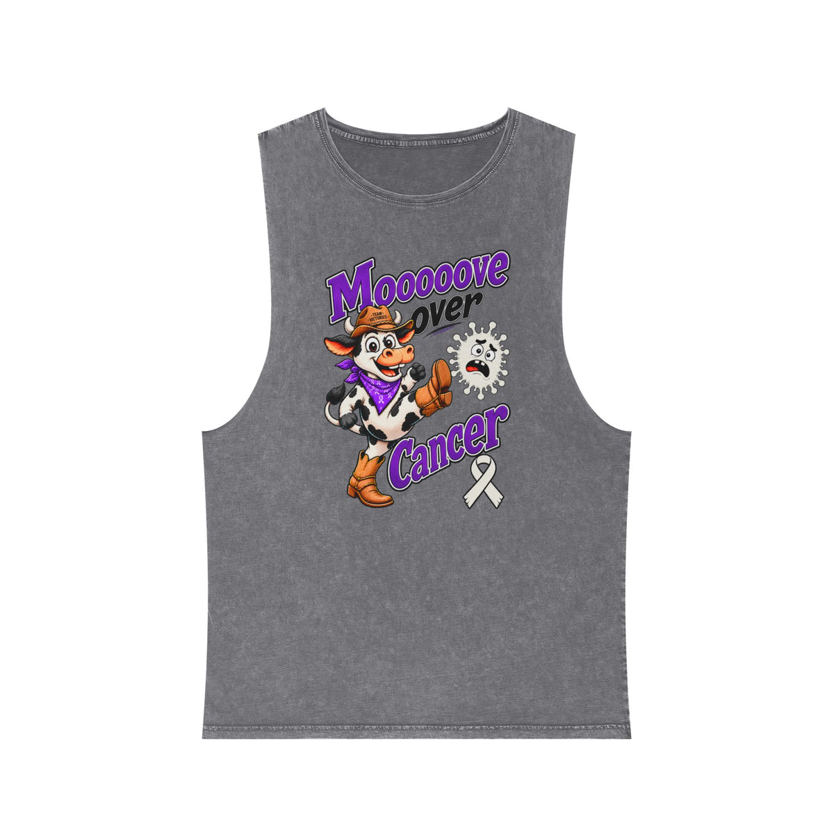 Moooove Over Cancer stonewashed tank top with Lung Cancer awareness ribbon, gray