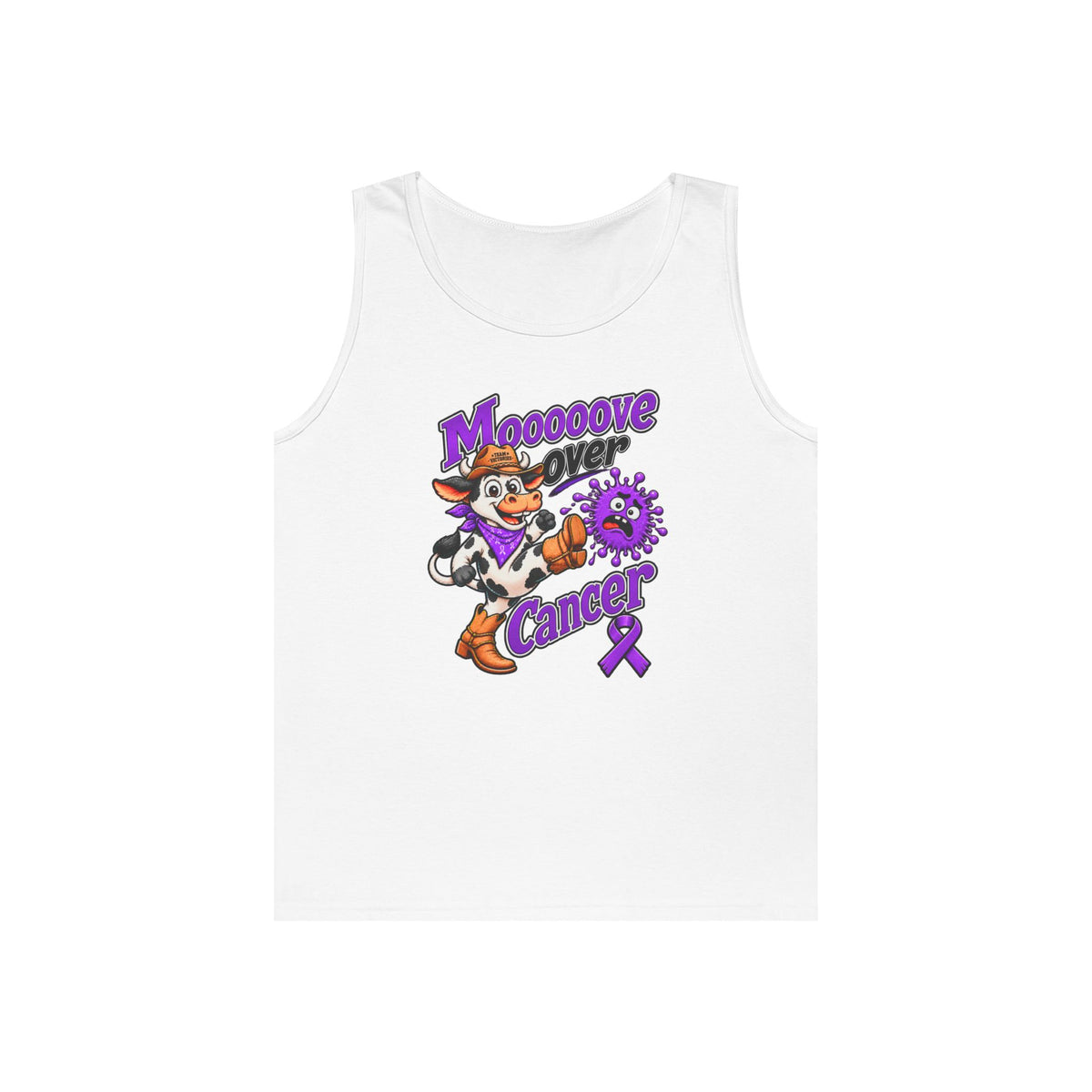 Moooove Over Cancer white tank top with Pancreatic Cancer awareness ribbon artwork