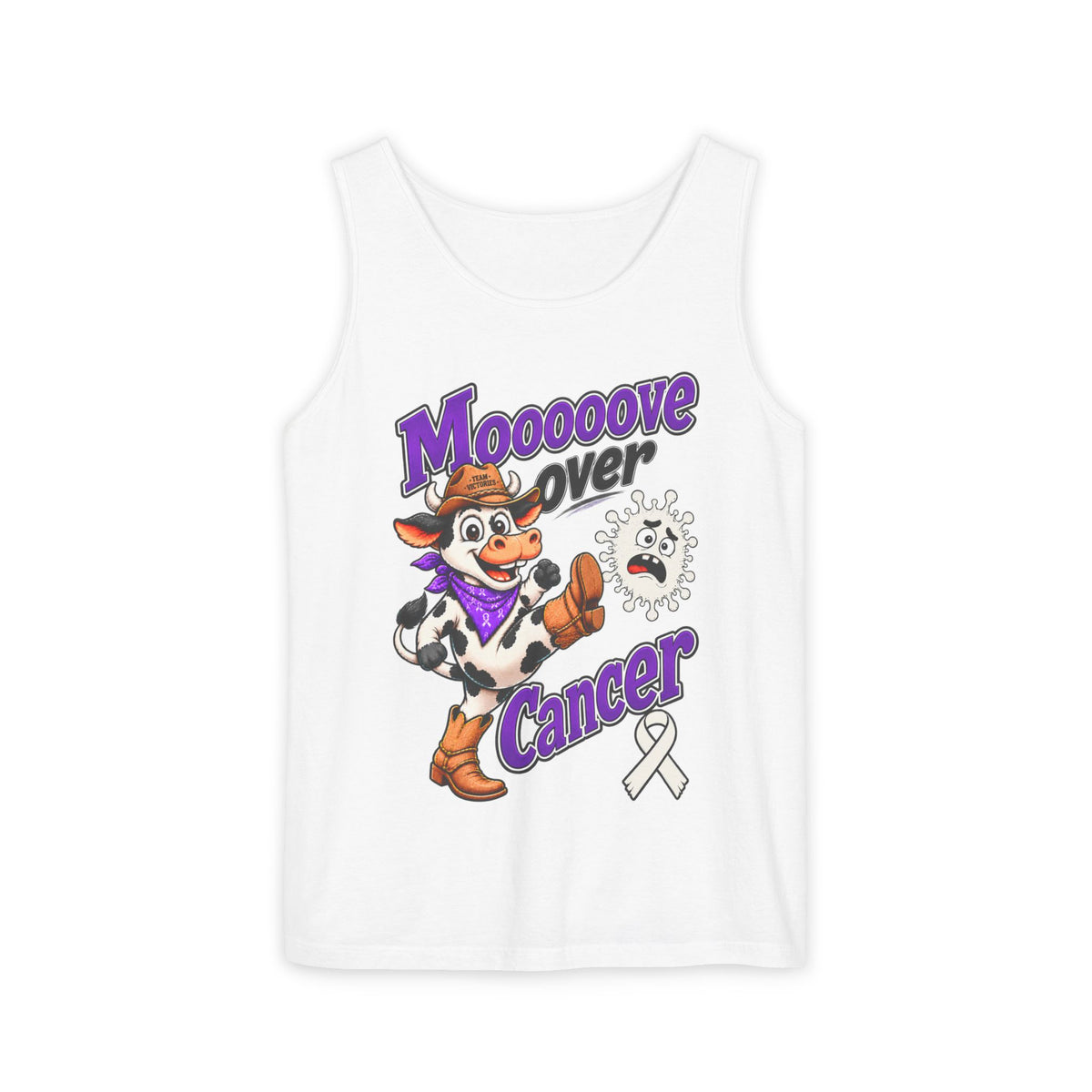 Moooove Over Cancer tank top with cow illustration and Lung Cancer awareness ribbon on white